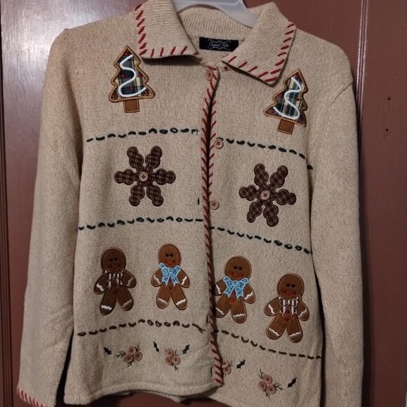 VTG Crystal Kobe Fall gingerbread Christmas Embroidered Knit Cardigan Sweater LG - Picture 1 of 7